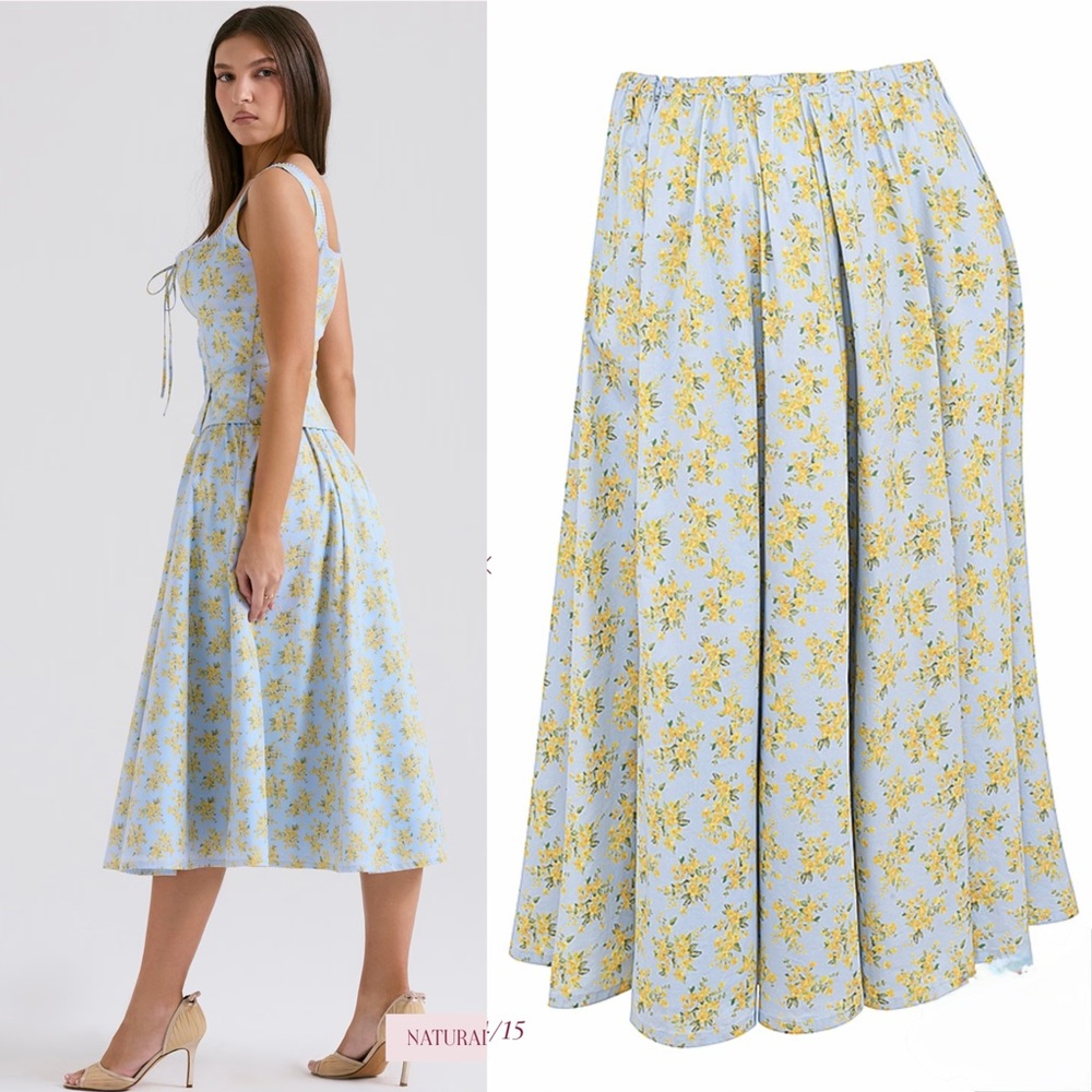 House of CB CORA Soft Blue Vintage Floral Print Cotton Midi Skirt - Picture 2 of 15